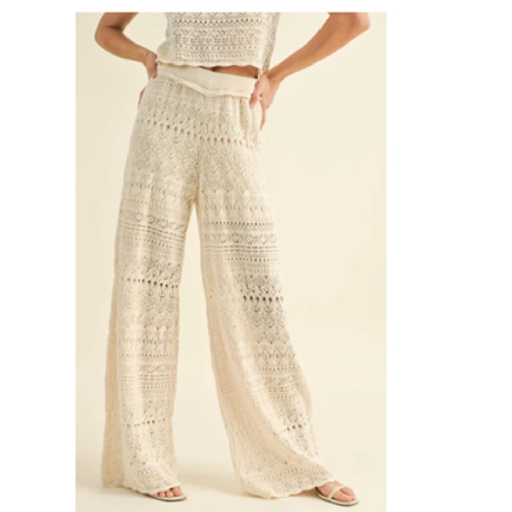 NWT Miou Muse Crochet Pants SOFT Knit Eyelet Neutral Ivory - Picture 14 of 14